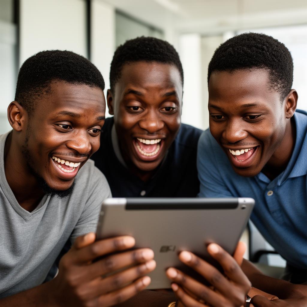 Small Nigerian team excited over an AI dashboard on a tablet.
