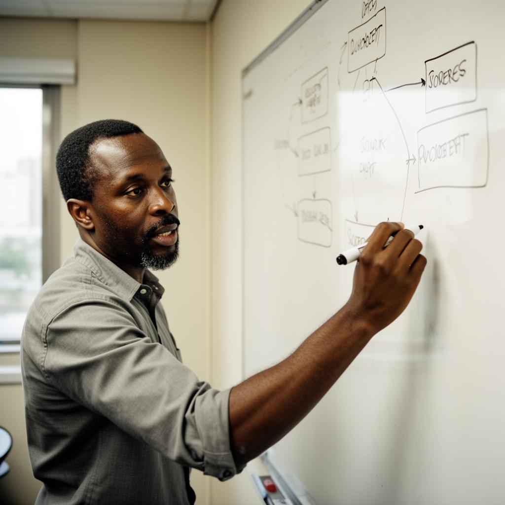Nigerian leader teaching AI workflow concepts on a whiteboard.