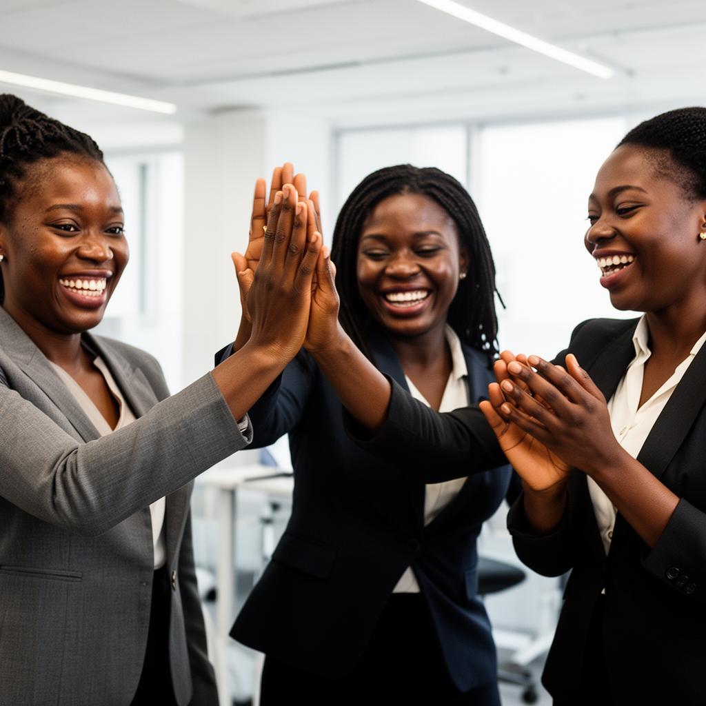 Three Nigerian women high-fiving over successful AI test results.